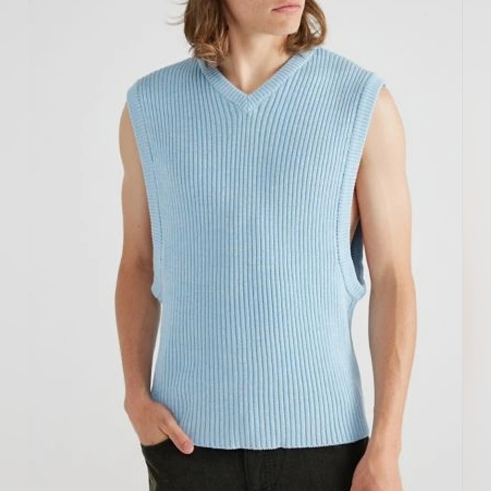 Mens Light Blue Urban Outfitters Ribbed V-Neck Low Armhole Sweater Vest LARGE